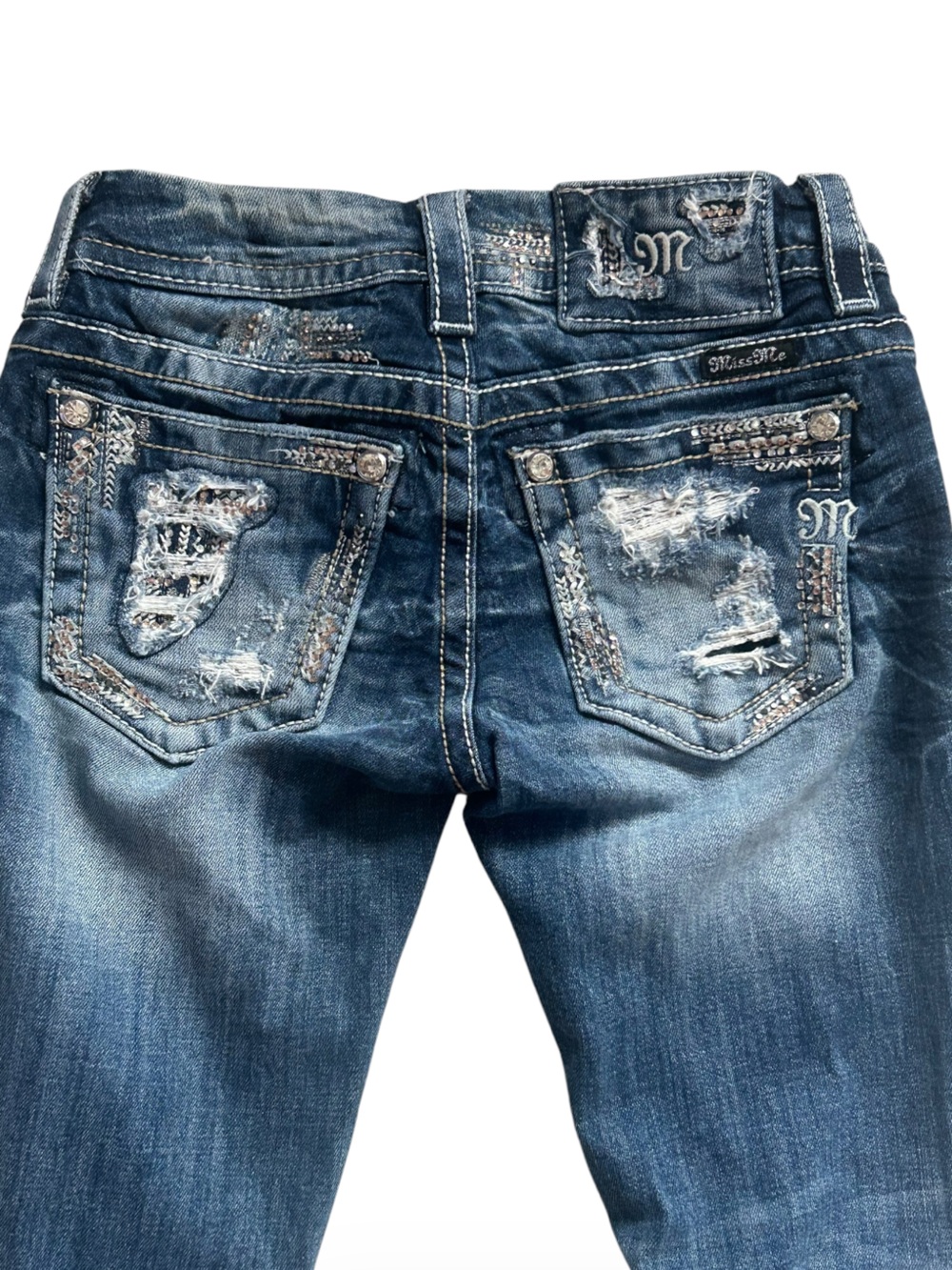 Miss Me Signature Straight Distressed Embellished Dark Blue Wash Denim Jeans - Picture 6 of 11